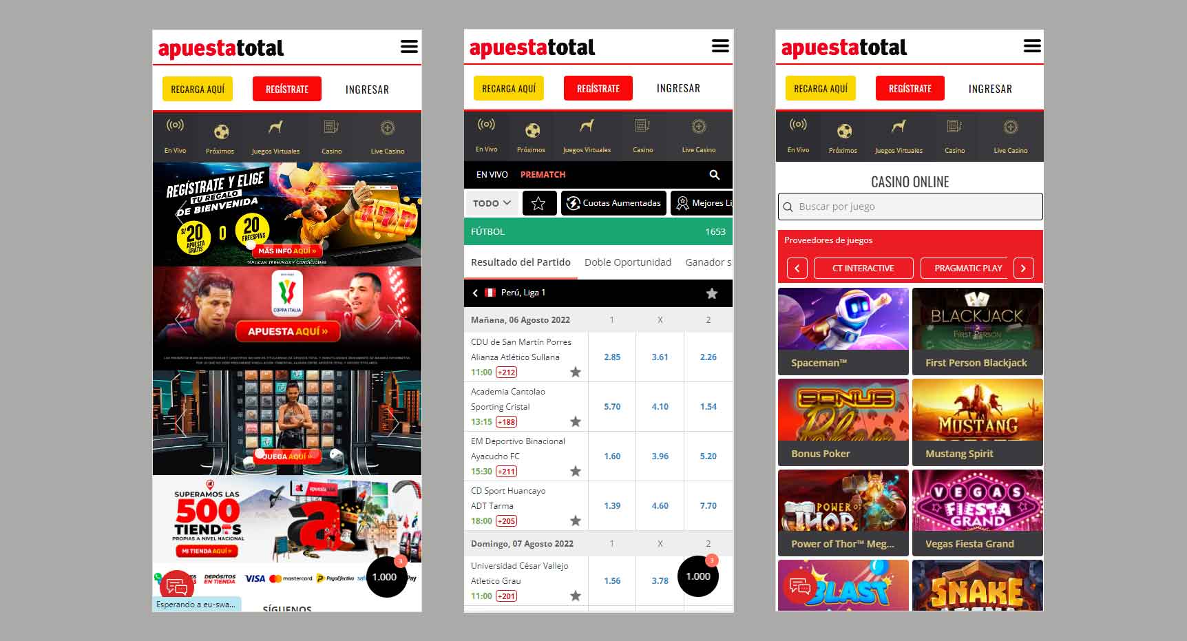 Three screenshots of the Apuesta Total app showing the homepage with sports betting options, live match results, and various online casino games.